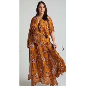 Showpo Vacay Ready BOHO Maxi Dress Plunge Thigh Split In Mustard Floral SZ 4